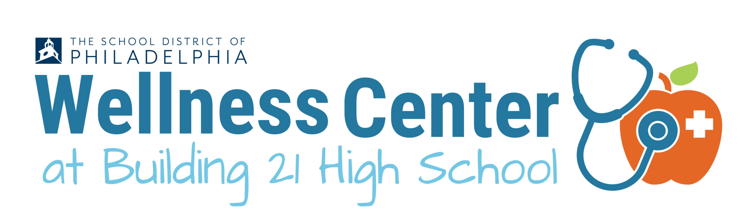 Logo for the Wellness Center at Building 21 High School, featuring The School District of Philadelphia name, stylized text, and an apple with a stethoscope